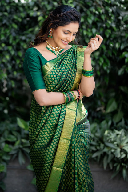 Kanjivaram Silk Party Wear Green Color Heavy Saree