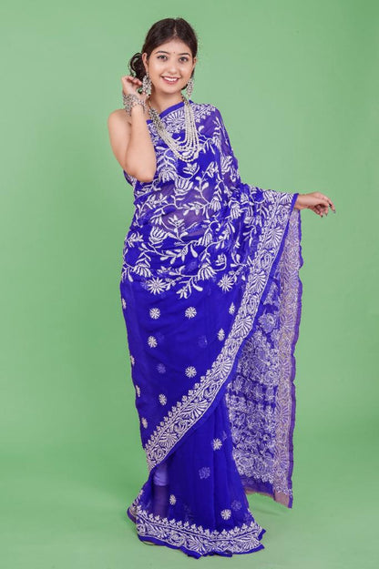 Party Wear Blue Color Lucknowi Work Saree