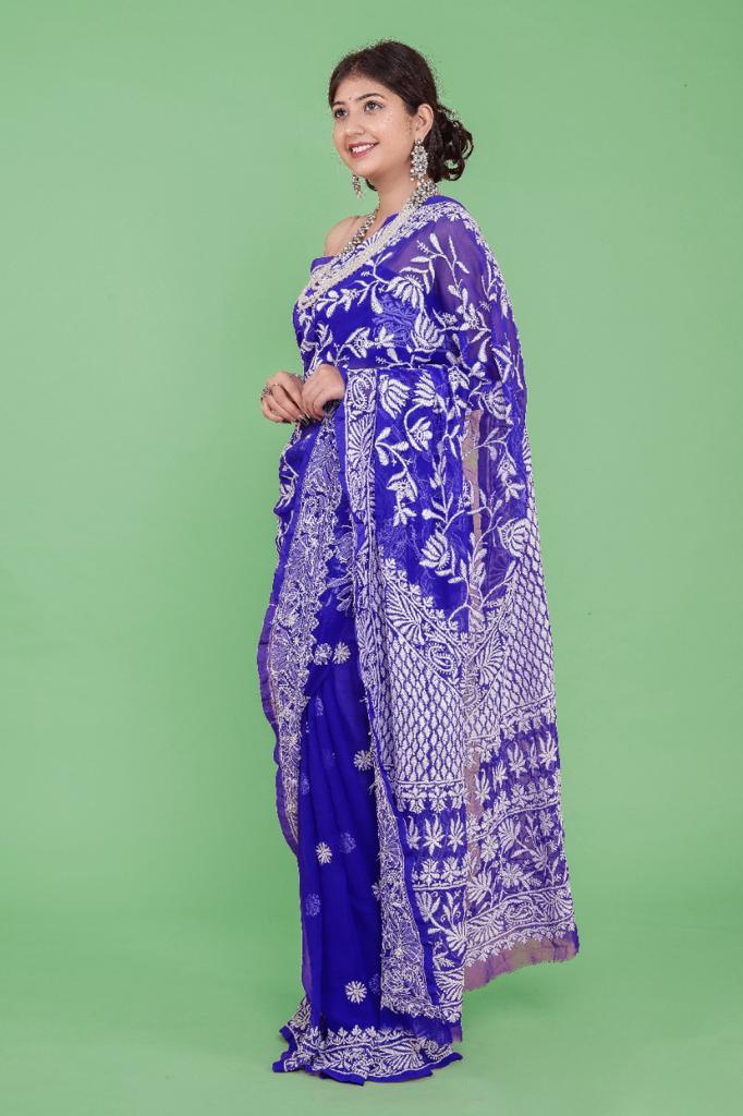 Party Wear Blue Color Lucknowi Work Saree