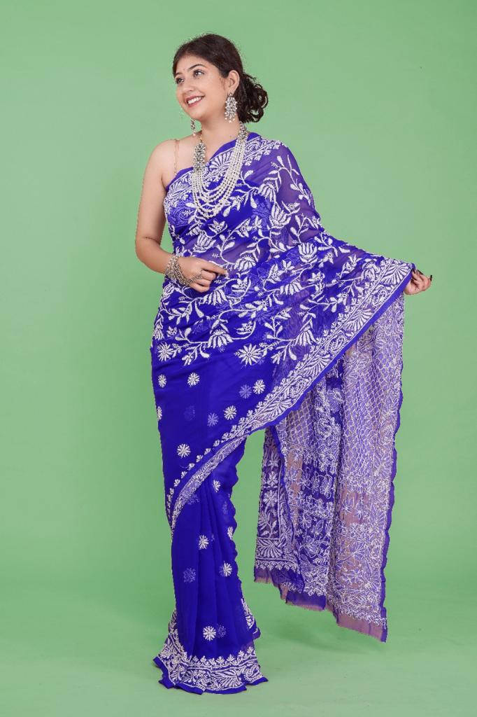 Party Wear Blue Color Lucknowi Work Saree