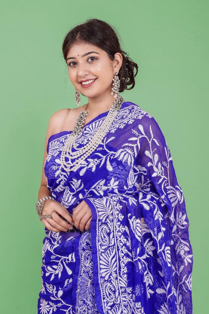 Party Wear Blue Color Lucknowi Work Saree