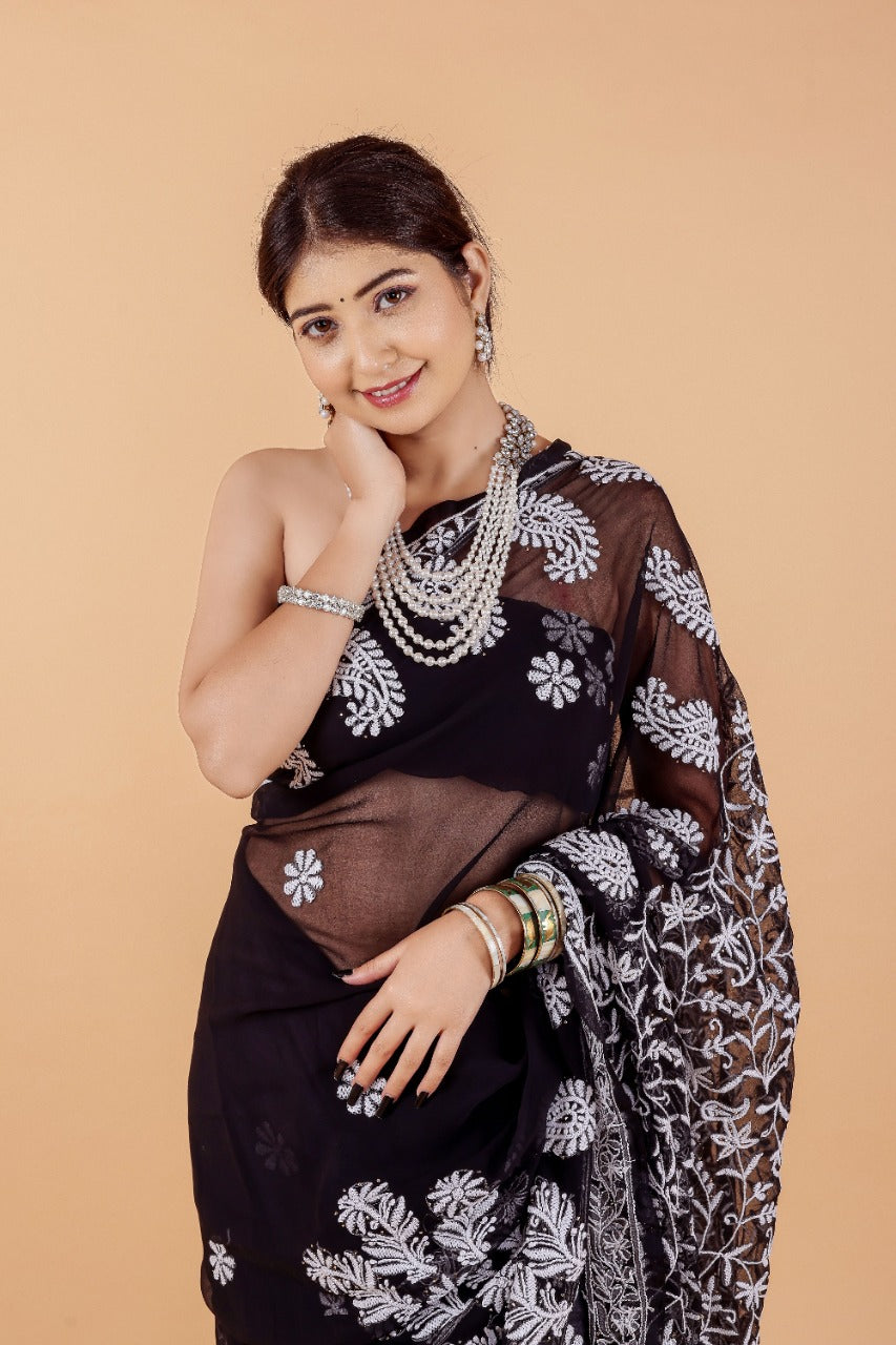 Heavy Lucknowi Fancy Black Color Designer Saree