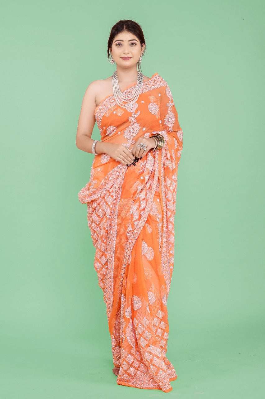 Orange Lucknowi Work Party Wear Saree