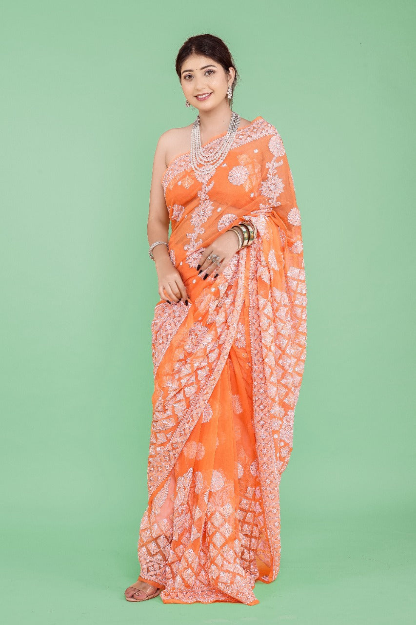 Orange Lucknowi Work Party Wear Saree