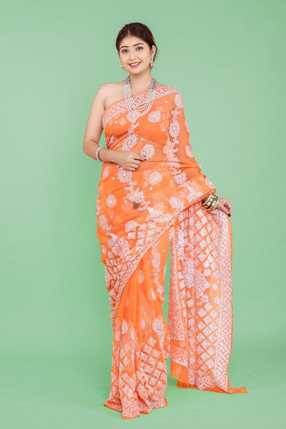 Orange Lucknowi Work Party Wear Saree