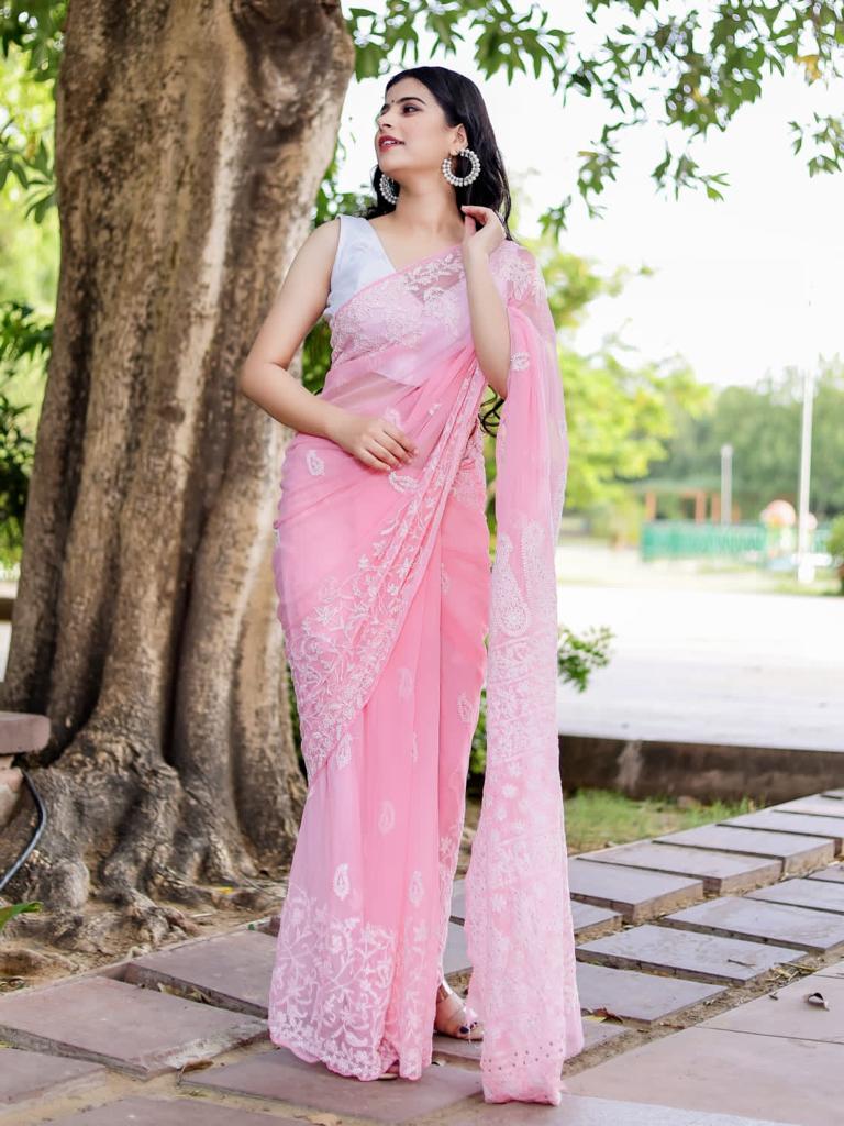 Stunning Function Wear Pink Color Lucknowi Saree