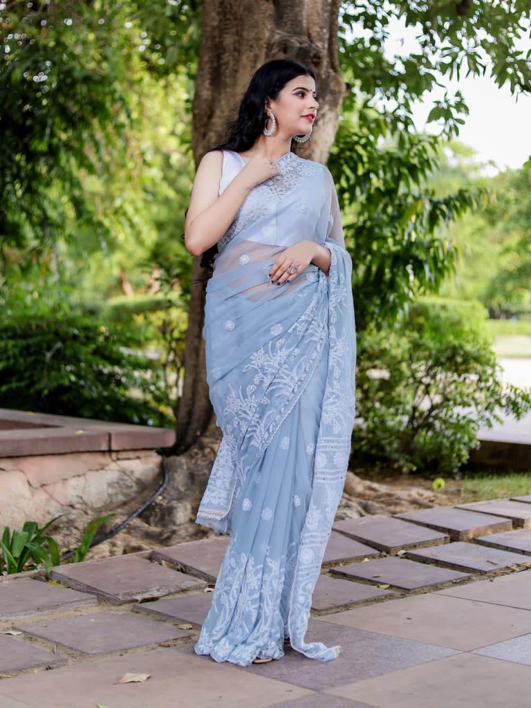 Chikankari Lucknowi Work Pure Georgette Blue Saree