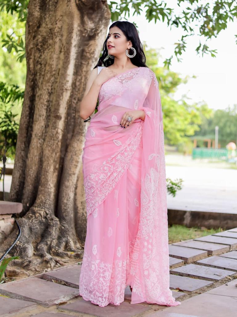 Stunning Function Wear Pink Color Lucknowi Saree