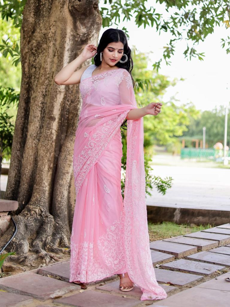 Stunning Function Wear Pink Color Lucknowi Saree