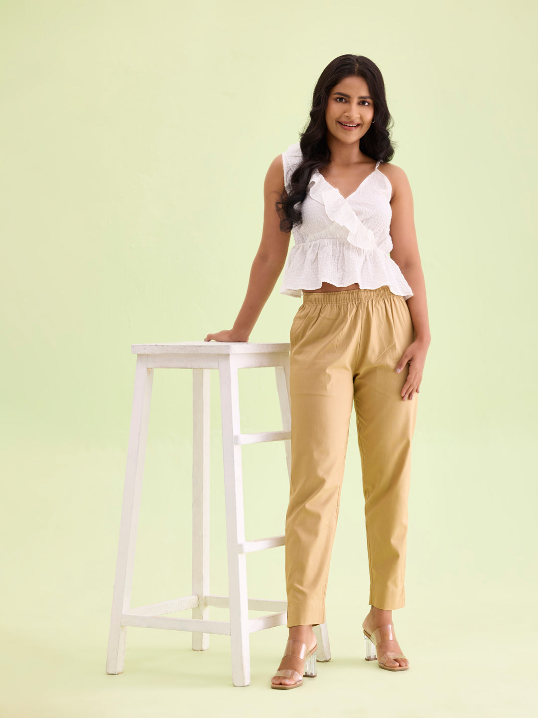 Mid-Rise Cropped Cotton Pant Trousers (Wheat)