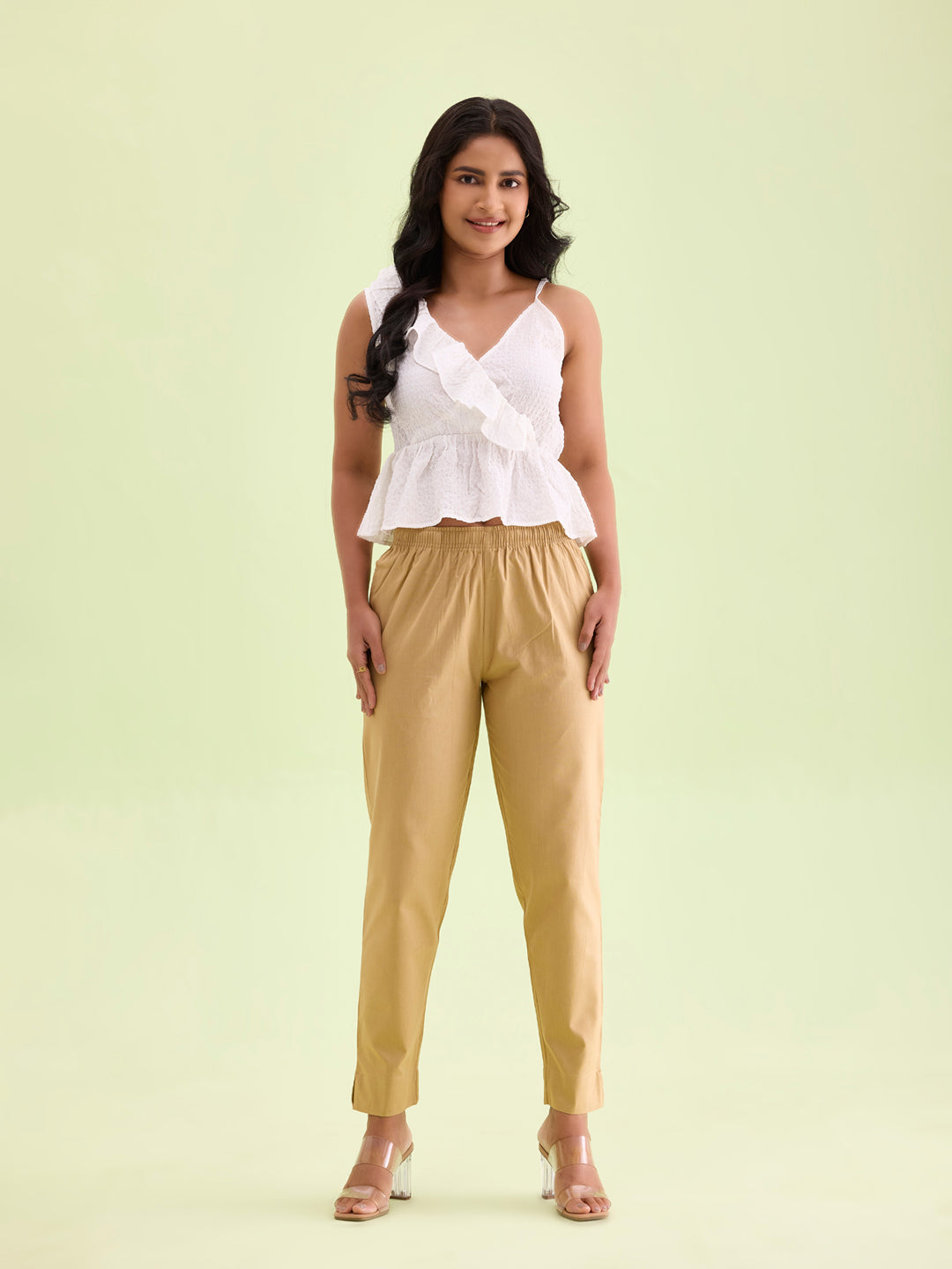 Mid-Rise Cropped Cotton Pant Trousers (Wheat)